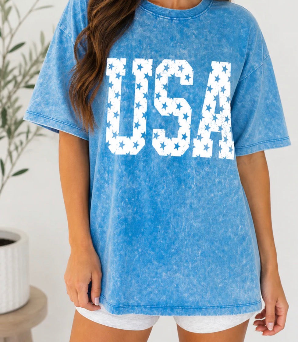 Blue USA Star Mineral Wash Top
