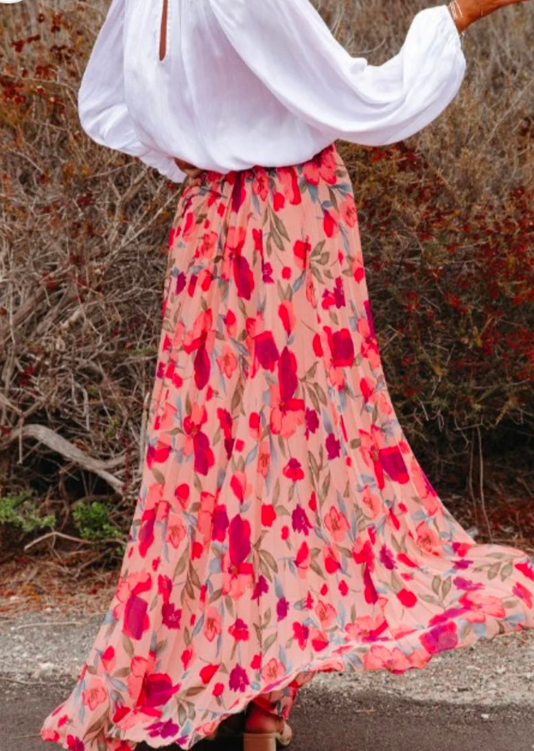 Printed Elastic Waist Pleated Maxi Skirt
