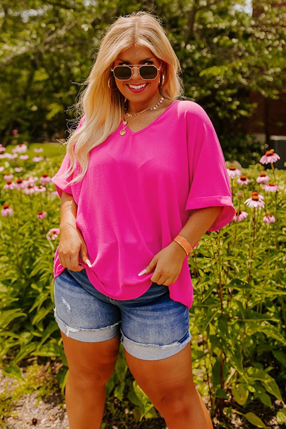 Bright Pink Seamed Back High Low V Neck Tee