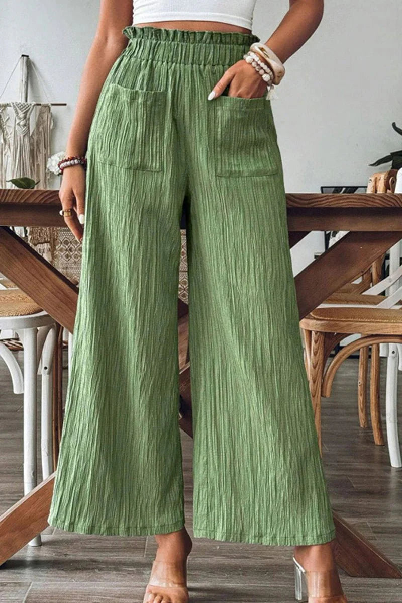 CENTRAL PARK STROLL GREEN CRINKLED WIDE LEG PANTS **SHIPPING EXPECTED TO BEGIN ON DATE 3/25**