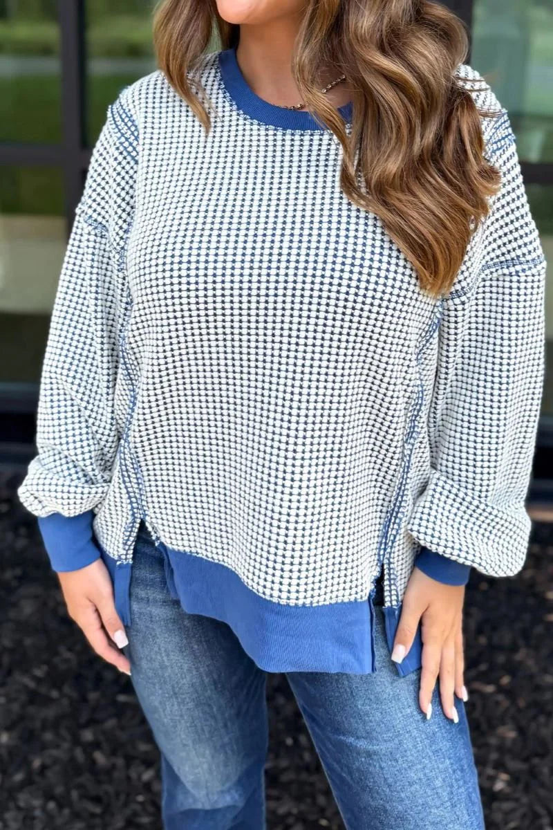 DARK BLUE FALL WEEKEND WAFFLE KNIT TOP **SHIPPING EXPECTED TO BEGIN ON DATE 11/10**