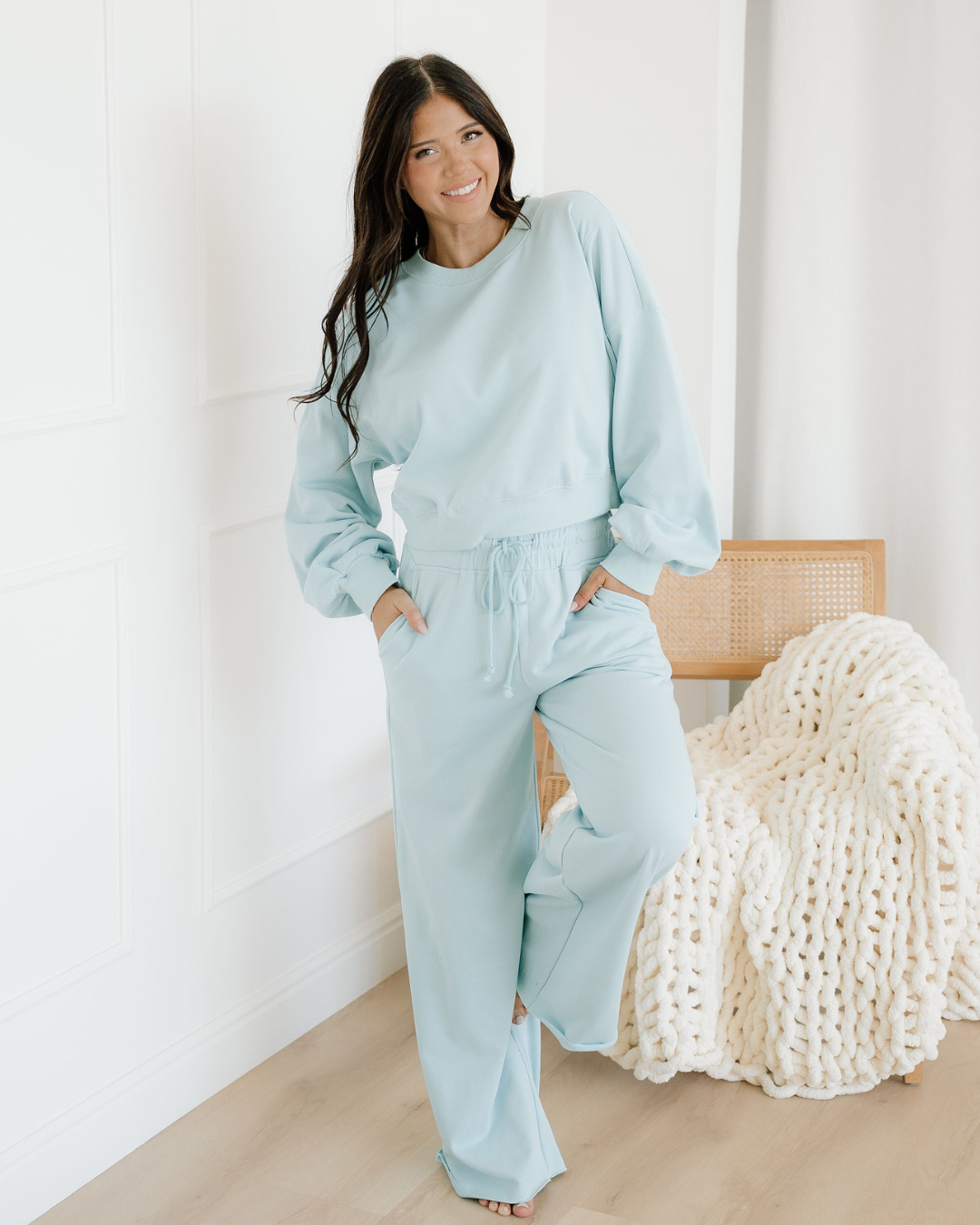 Miles Crop Pullover Drawstring Wide Leg Pants Set - Blue Indie & Co.