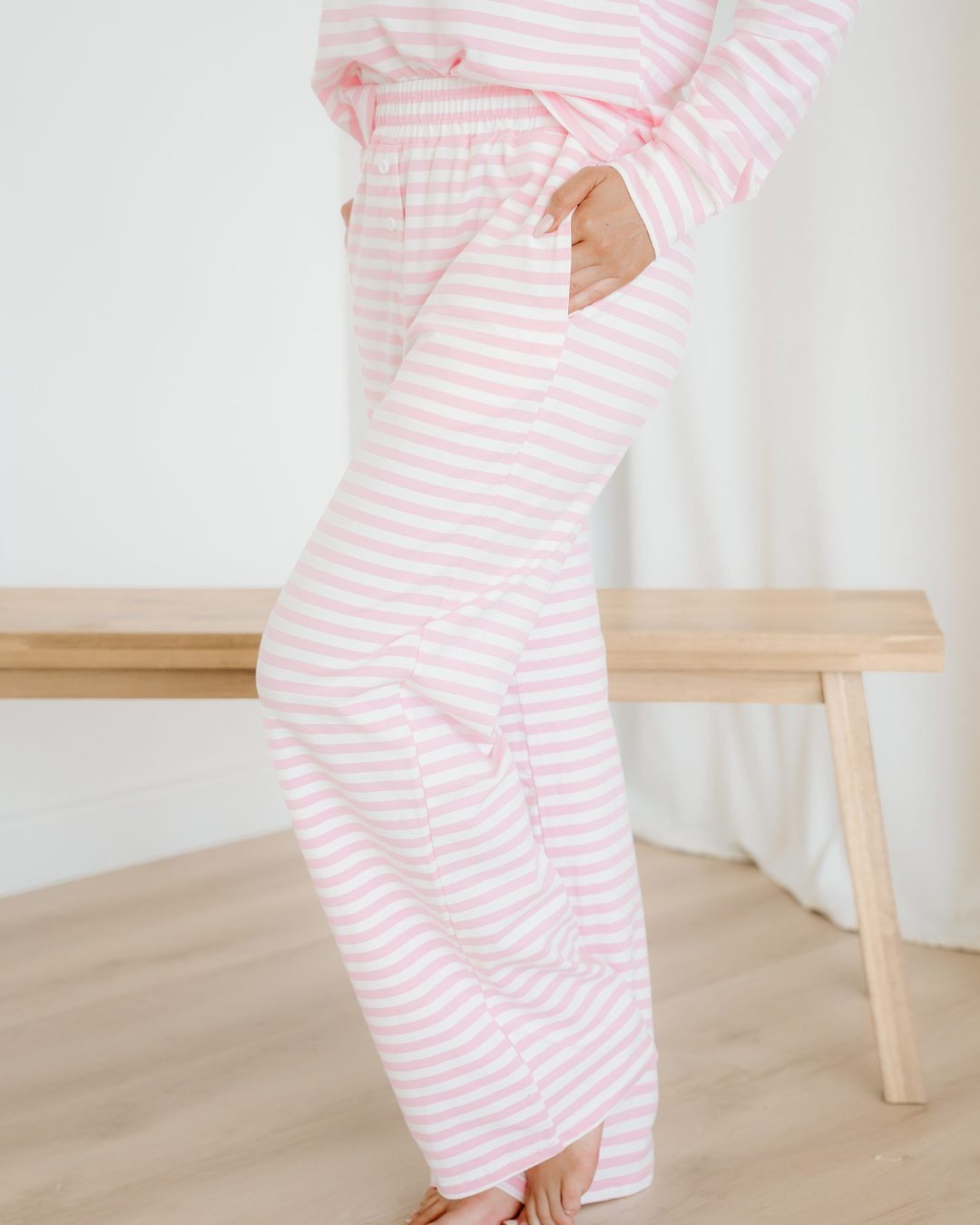Thea Stripe Drop Shoulder Round Neck Top and Buttoned Straight Pants Two Piece Set Indie & Co.