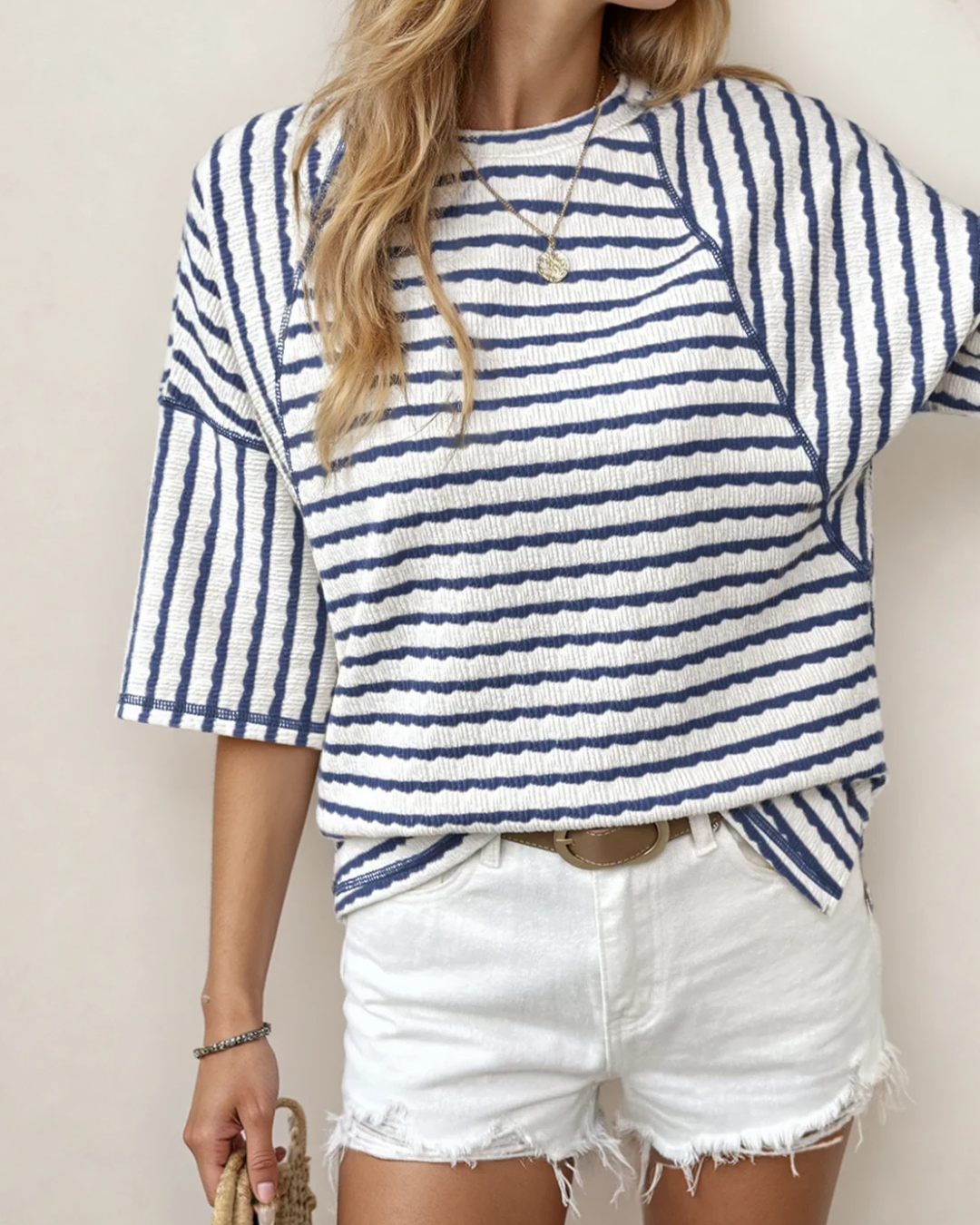 Noelle Textured Knit Split Hem Half Sleeve Loose Top - Blue Indie & Co.