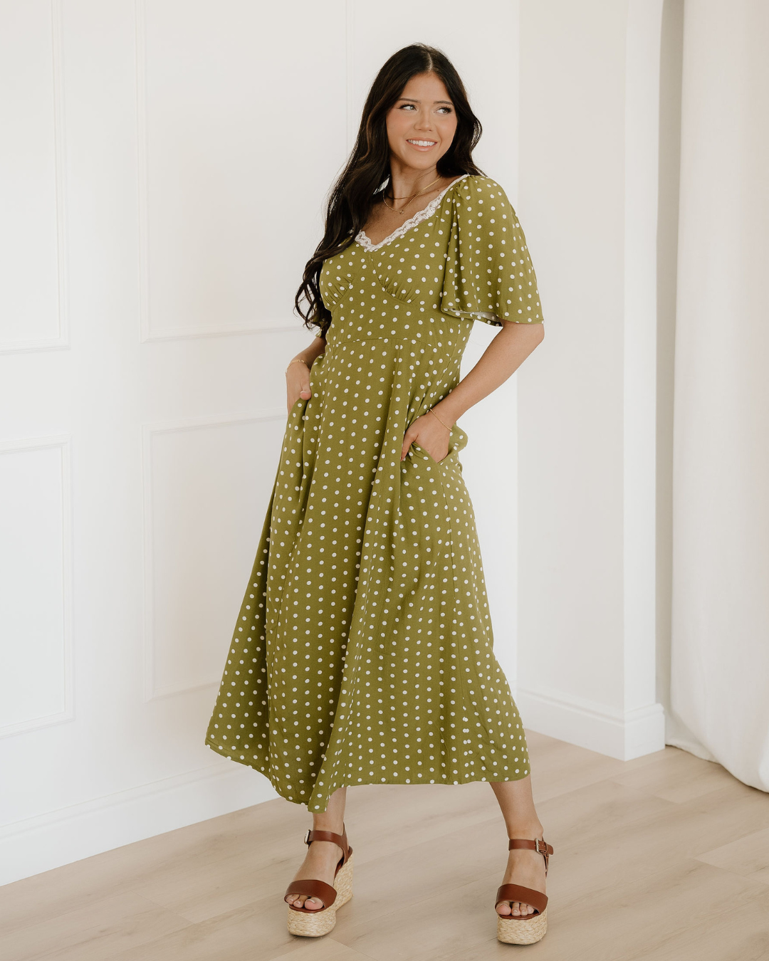Maleah Polka Dot Print Lacy Neckline Smocked High Waist Maxi Dress Indie & Co.