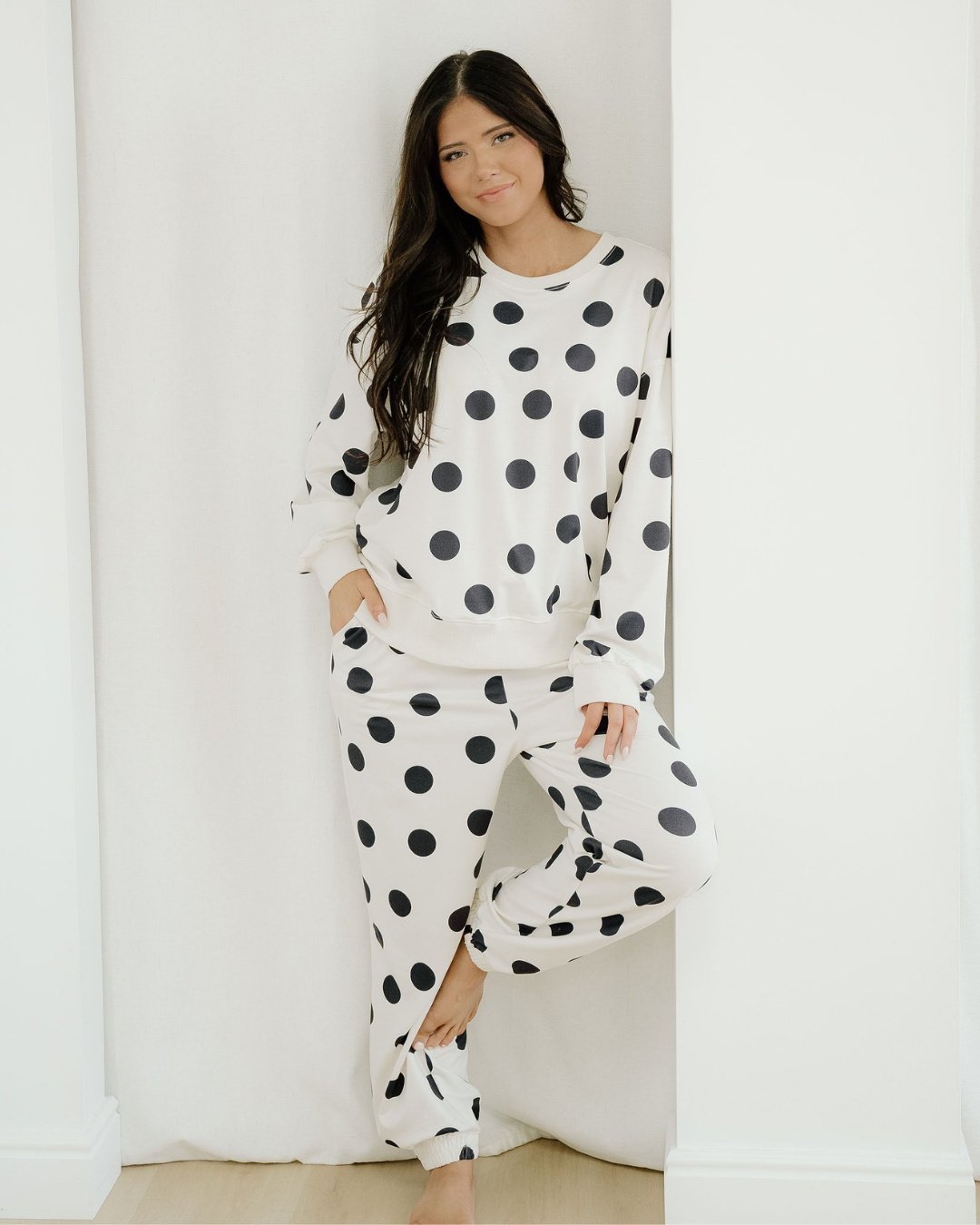 Polka Dot Print Drop Shoulder Pullover Drawstring Jogger Pant Set - Beige Indie & Co.