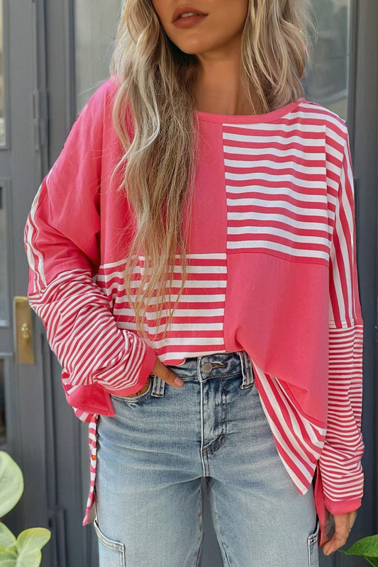 Pink Stripe Color Block Patchwork Drop Shoulder Long Sleeve Tunic Top Wild and Free Boutique