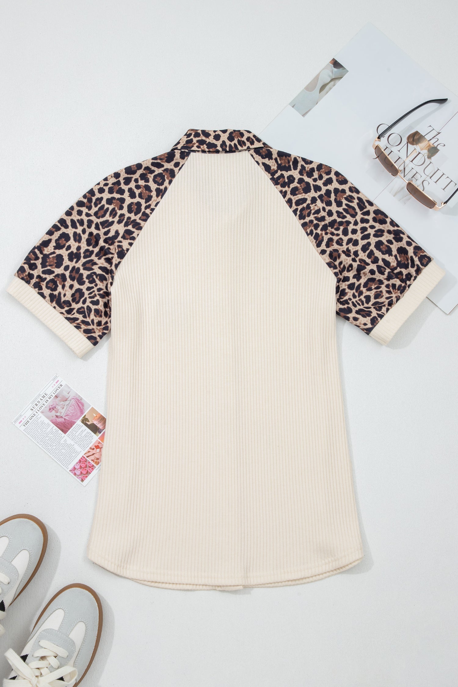 White Ribbed Texture Button Down Leopard Patchwork Short Sleeve Shirt Wild and Free Boutique