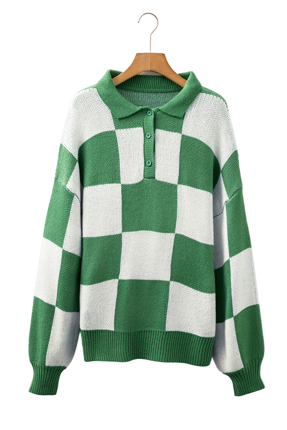 V Neck Checkered Sweater - Green Indie & Co.