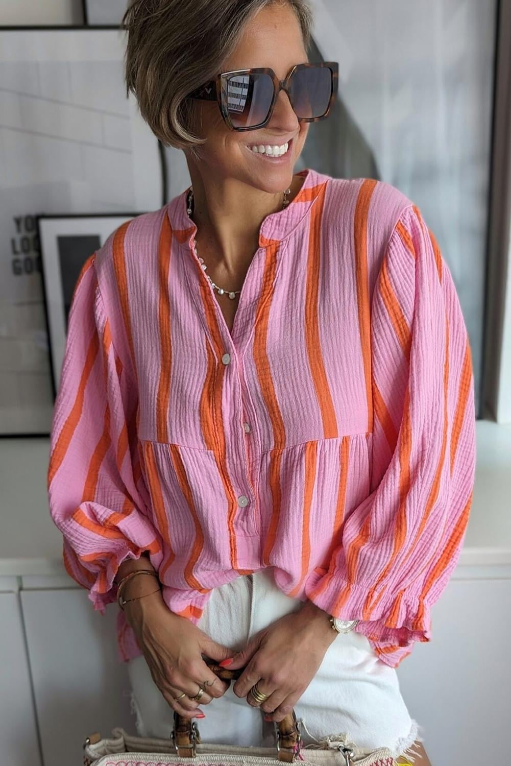 Orange Stripe Crinckled Ruffled loose shirt