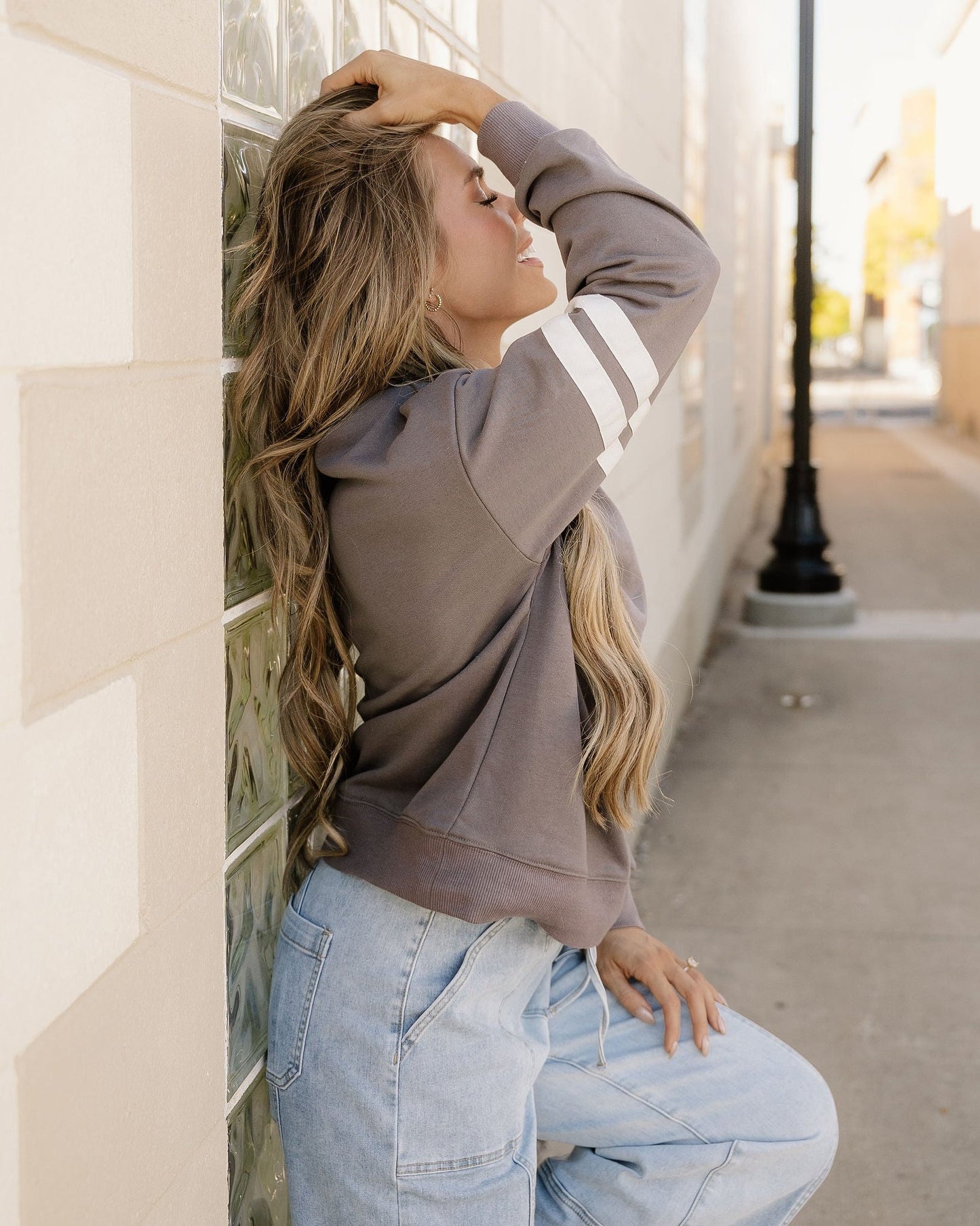 Varsity Striped Sleeve Loose Sweatshirt - Dark Gray Indie & Co.