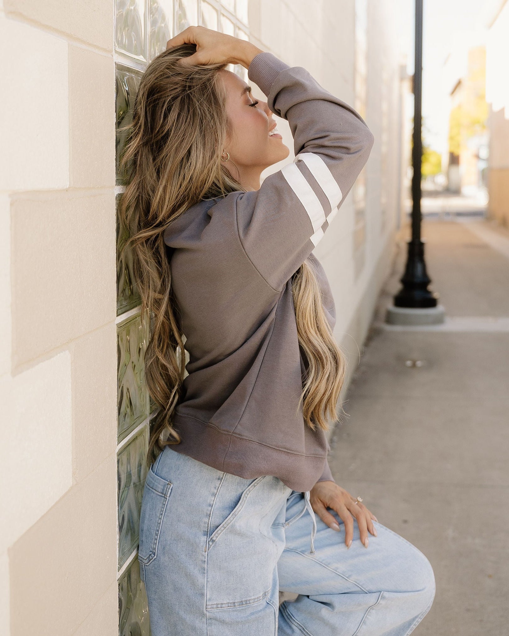 Varsity Striped Sleeve Loose Sweatshirt - Dark Gray Indie & Co.