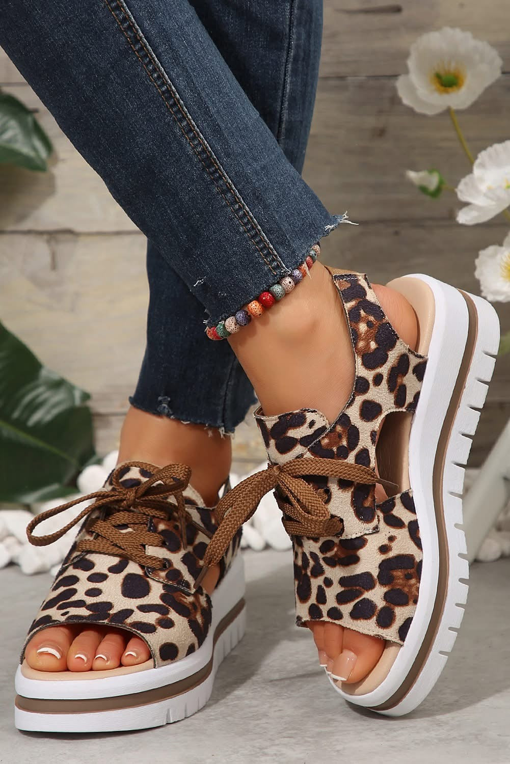 Leopard Hollow Out Lace-up Wedge Sandals