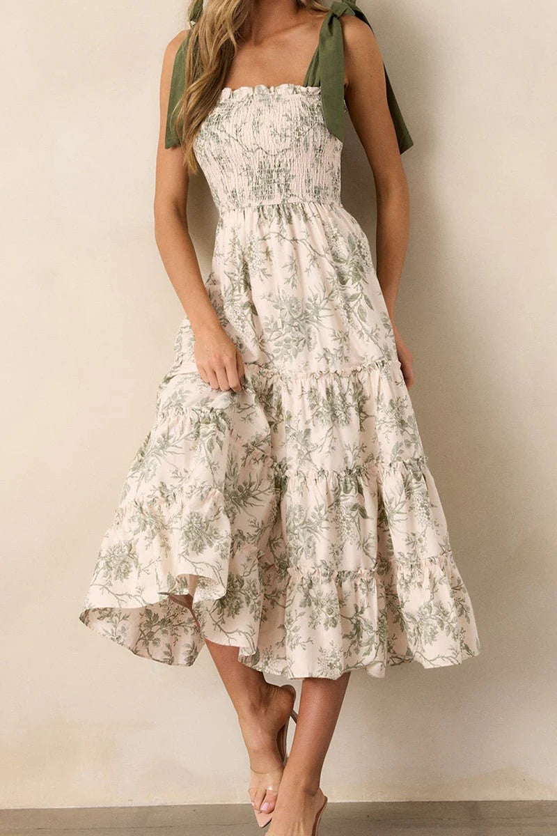 BALI BEAUTY GREEN FLORAL SMOCKED TIERED MIDI DRESS **SHIPPING EXPECTED TO BEGIN ON DATE 3/10**