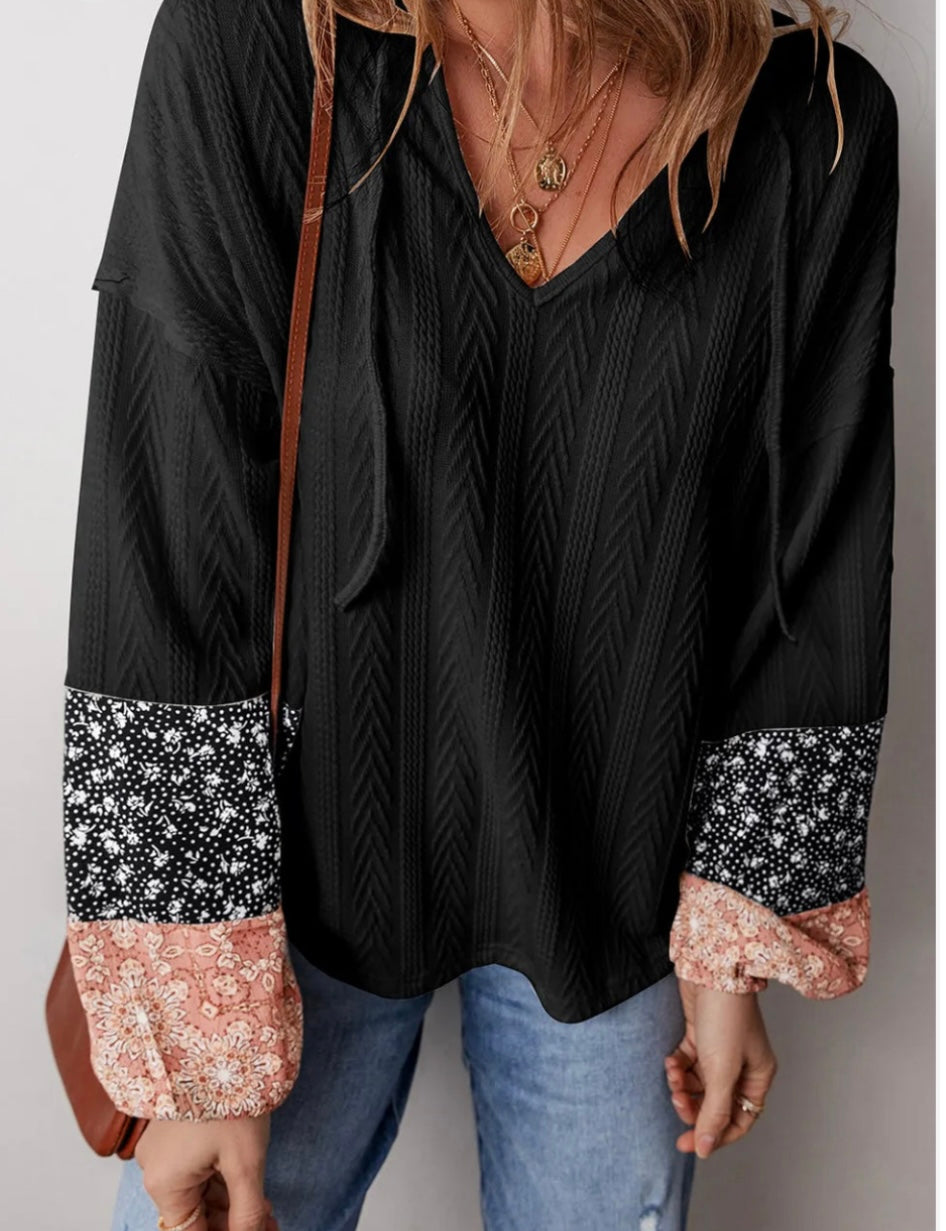Drawstring Color Block Hooded Long Sleeve Top