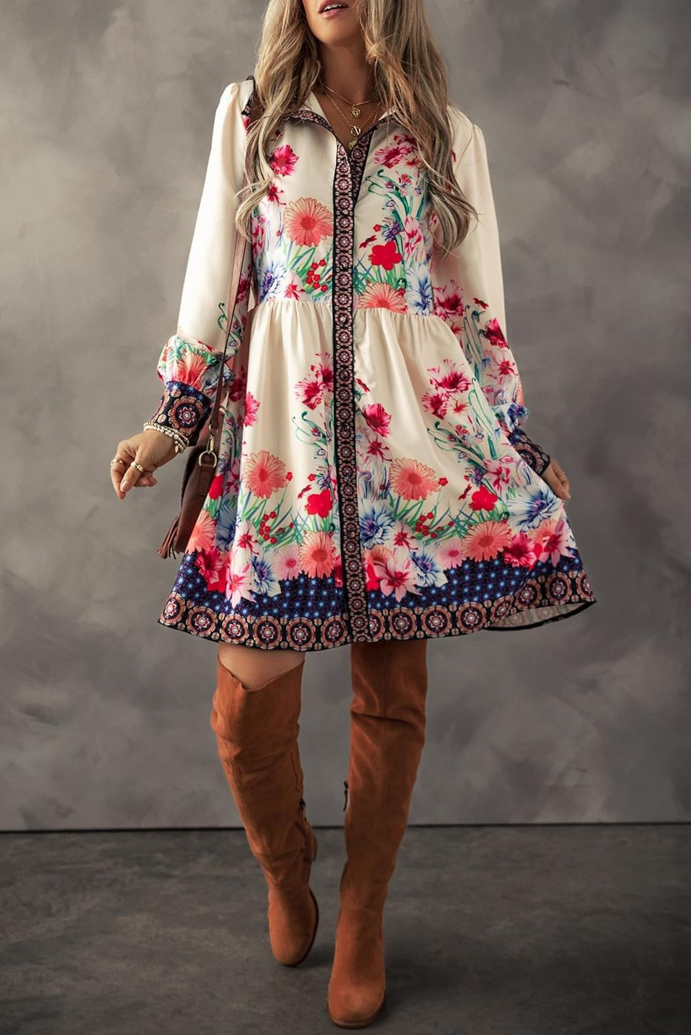 Floral Dream Apricot Floral High Waist Shirt Mini Dress