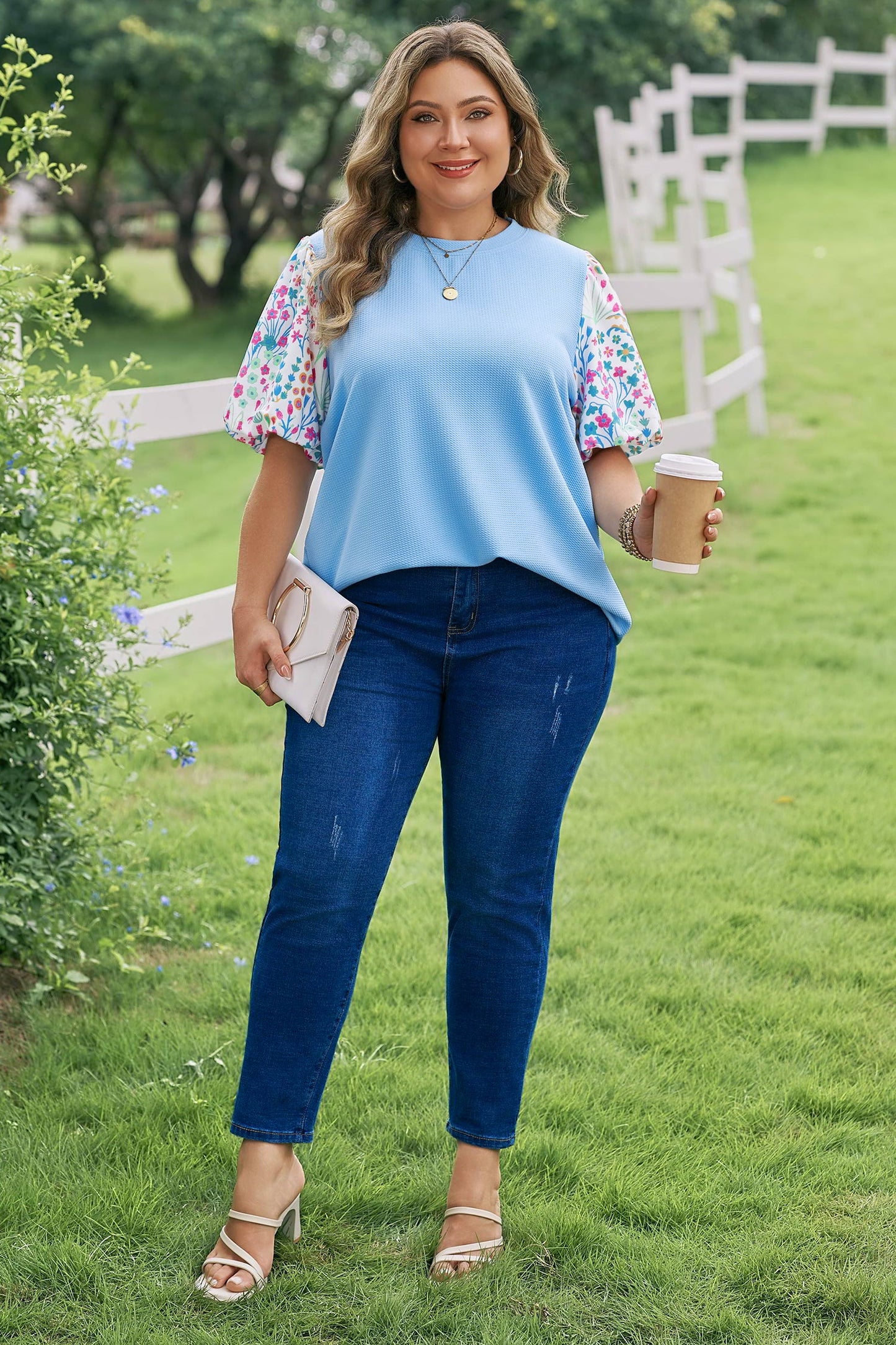 Raelynn Contrast Floral Sleeve PLUS Top Threaded Pear