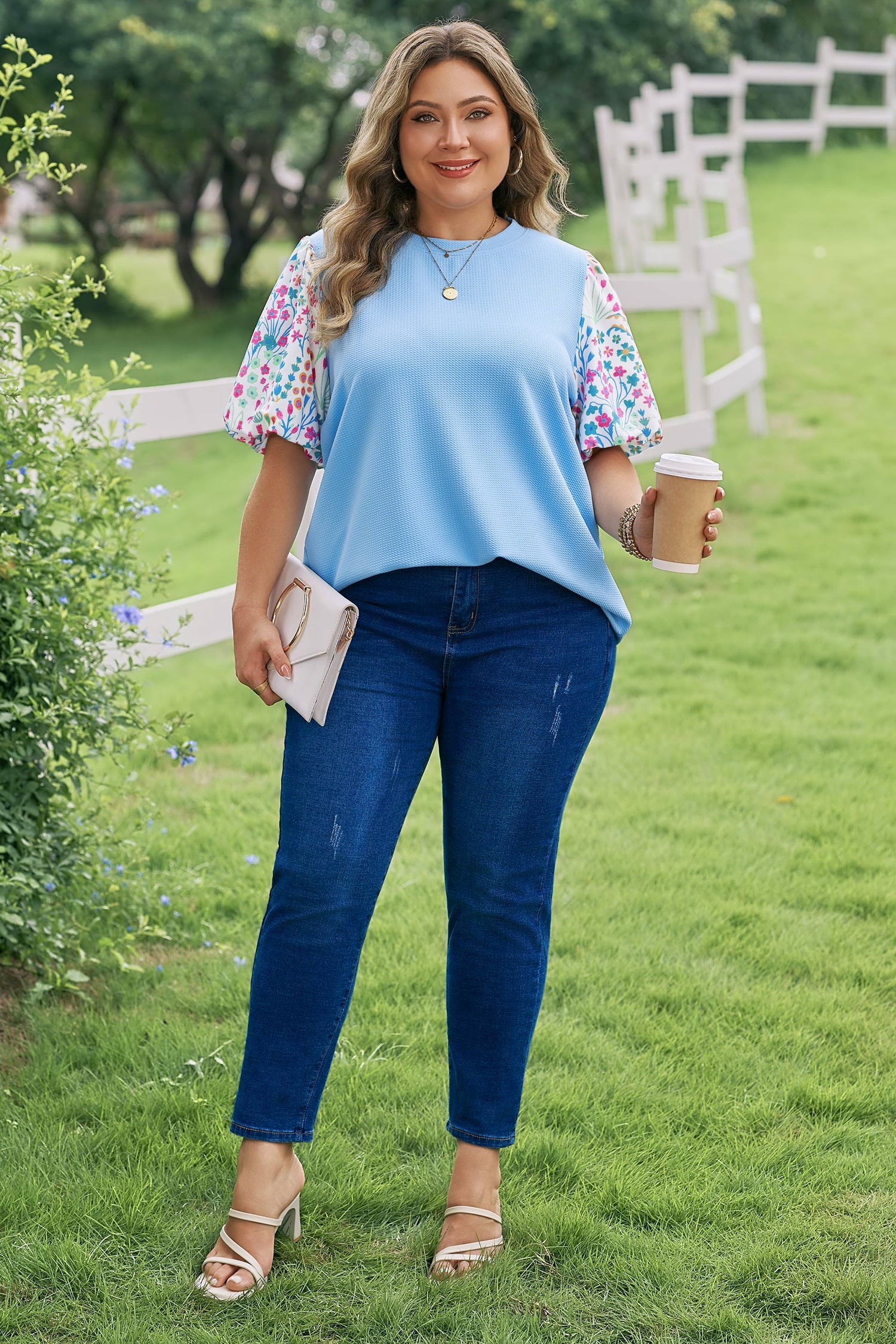 Raelynn Contrast Floral Sleeve PLUS Top Threaded Pear