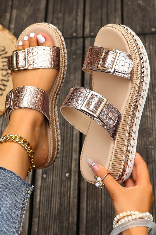 Cattleya Buckle Wedge Platform Slippers Threaded Pear