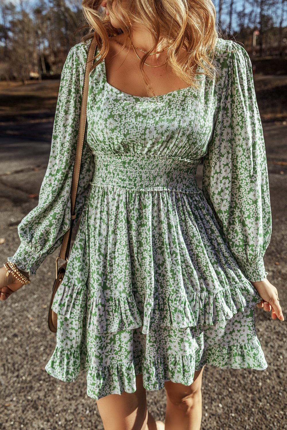 Green Floral Print Square Neck Smocked Waist Tiered Ruffle Mini Dress Wild and Free Boutique