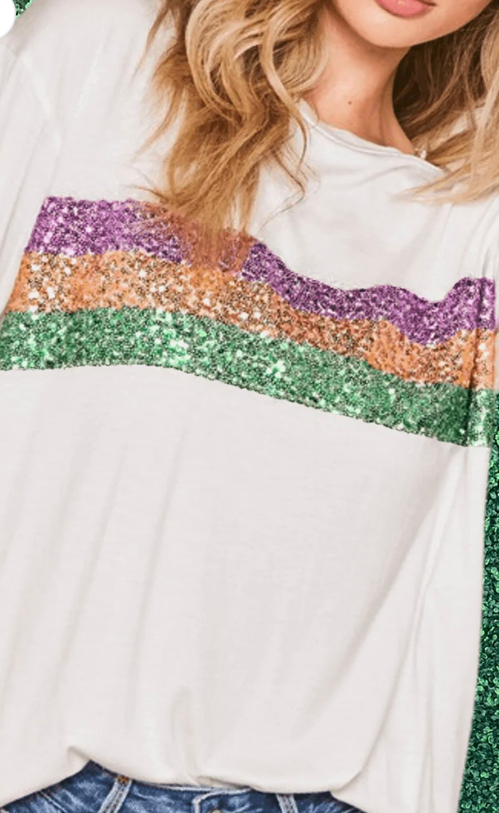 Mardi Gras Sequin Stripes Patchwork T Shirt -Ships 1/16