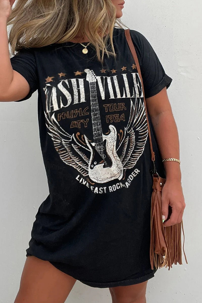 BLACK NASHVILLE GUITAR T-SHIRT DRESS **SHIPPING EXPECTED TO BEGIN ON DATE 3/8**