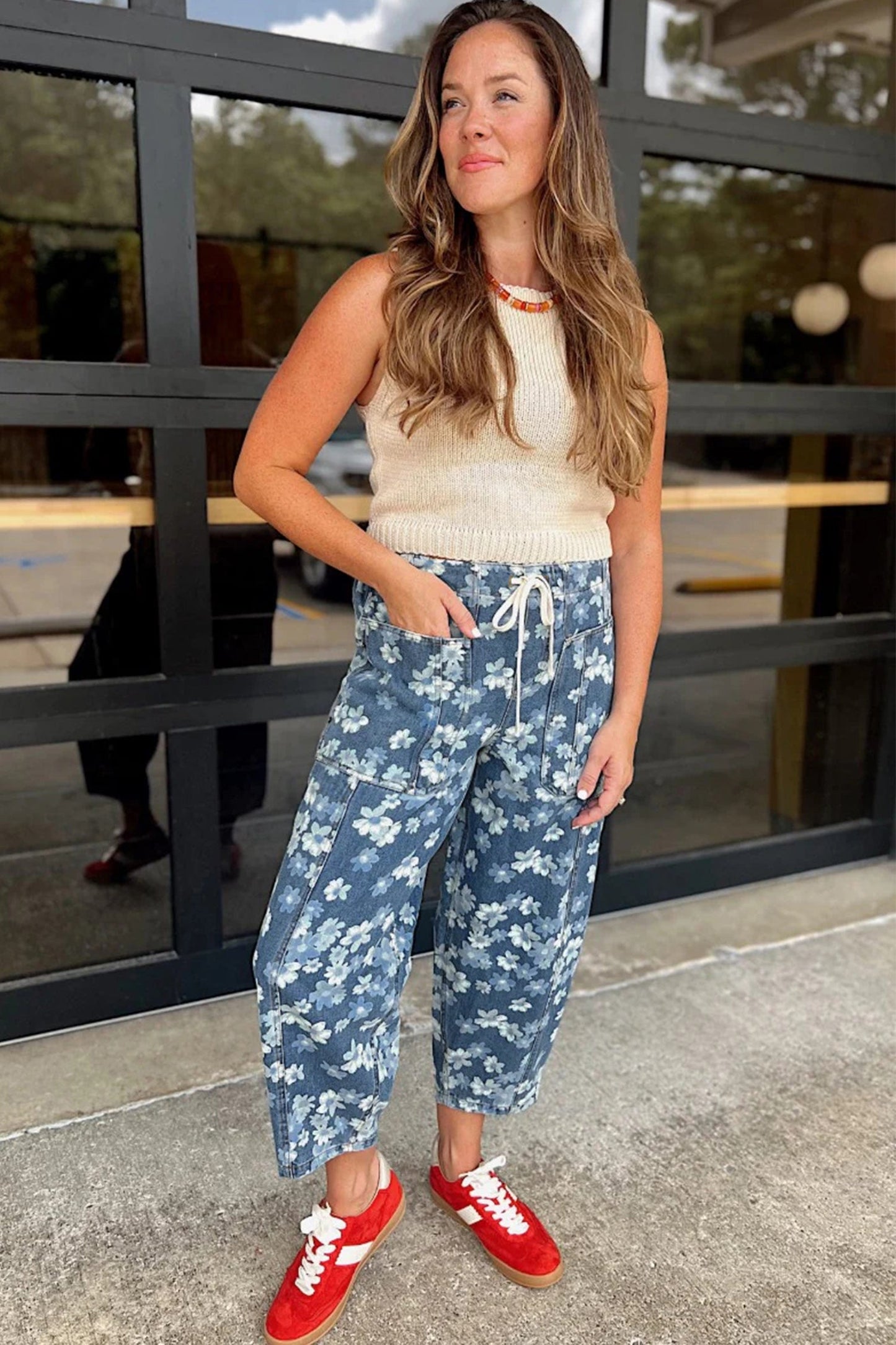 Sky Blue Dainty Floral Printed Drawstring Barrel Jeans