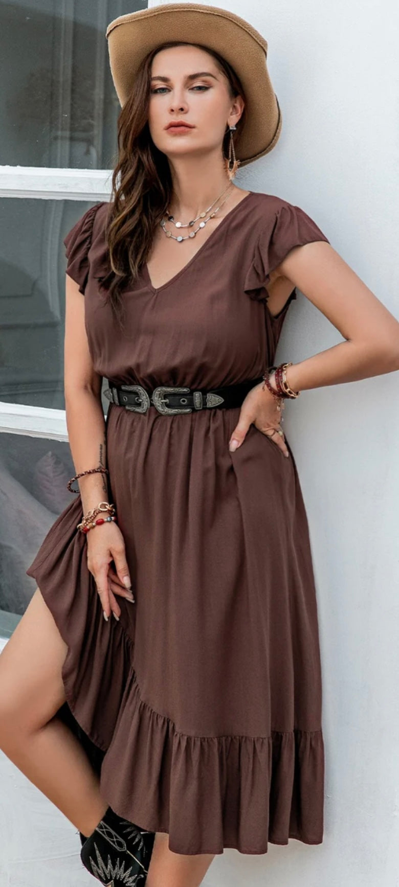 Plus Size Ruffled V-Neck Cap Sleeve Midi Dress