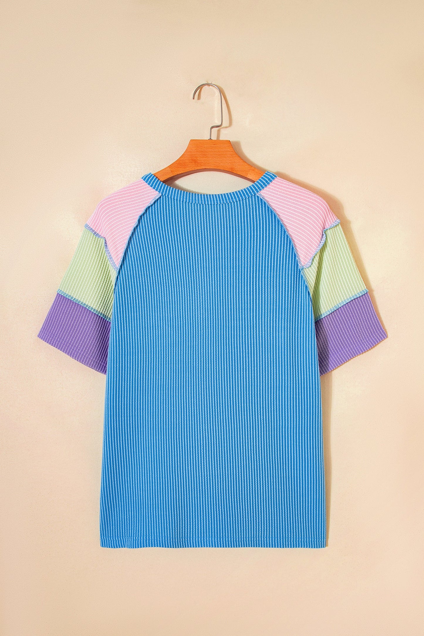 Blue Twisted Ribbed Color Block Patchwork Henley Short Sleeve T Shirt