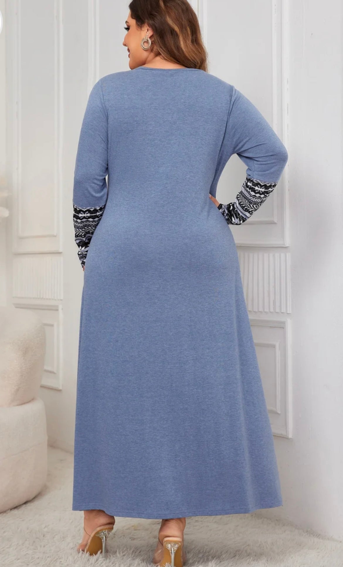 Plus Size Printed Round Neck Long Sleeve Dress