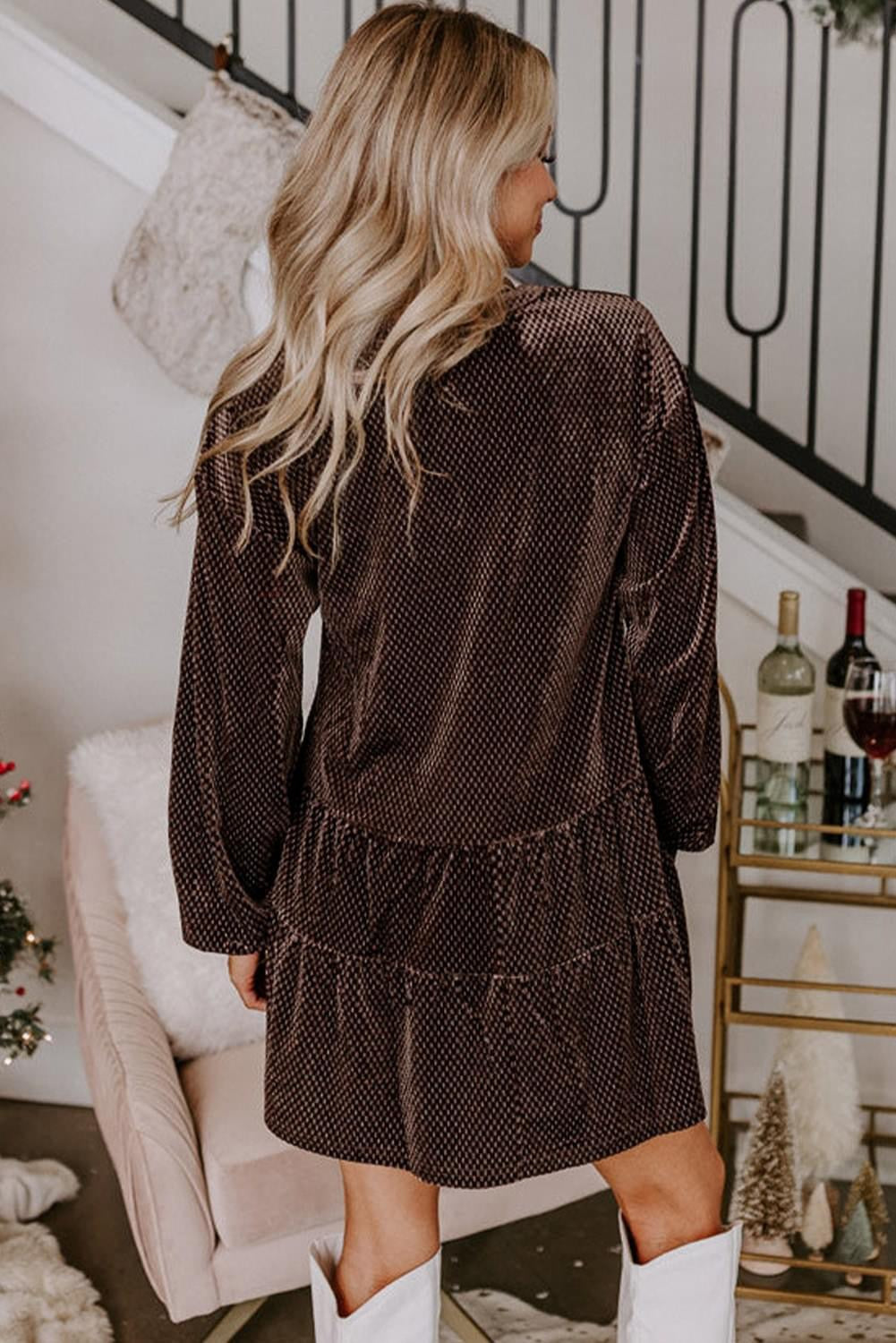 Memory Lane Dark Brown Textured Velvet V Neck Shift Dress