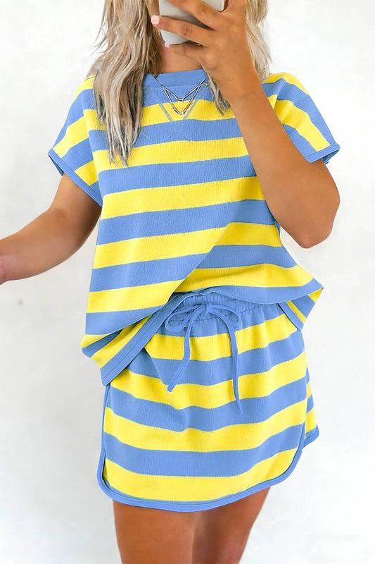 Yellow Stripe Dolman Tee Drawstring Skort Athletic 2pcs Set Wild and Free Boutique