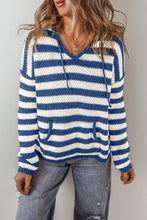 Load image into Gallery viewer, Blue Stripe V Neck Hooded sweater
