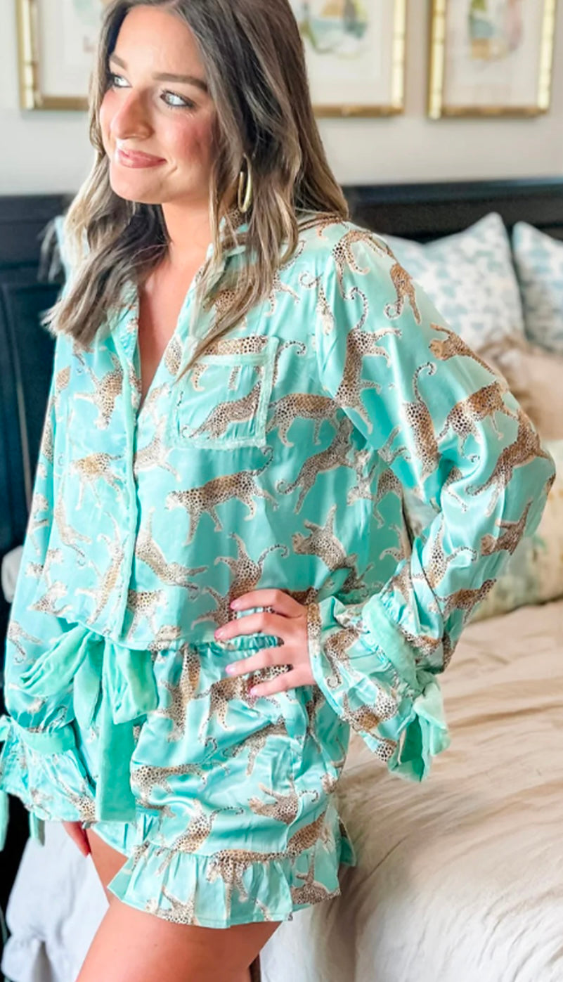 Leopard Satin Ruffle Pajama Set
