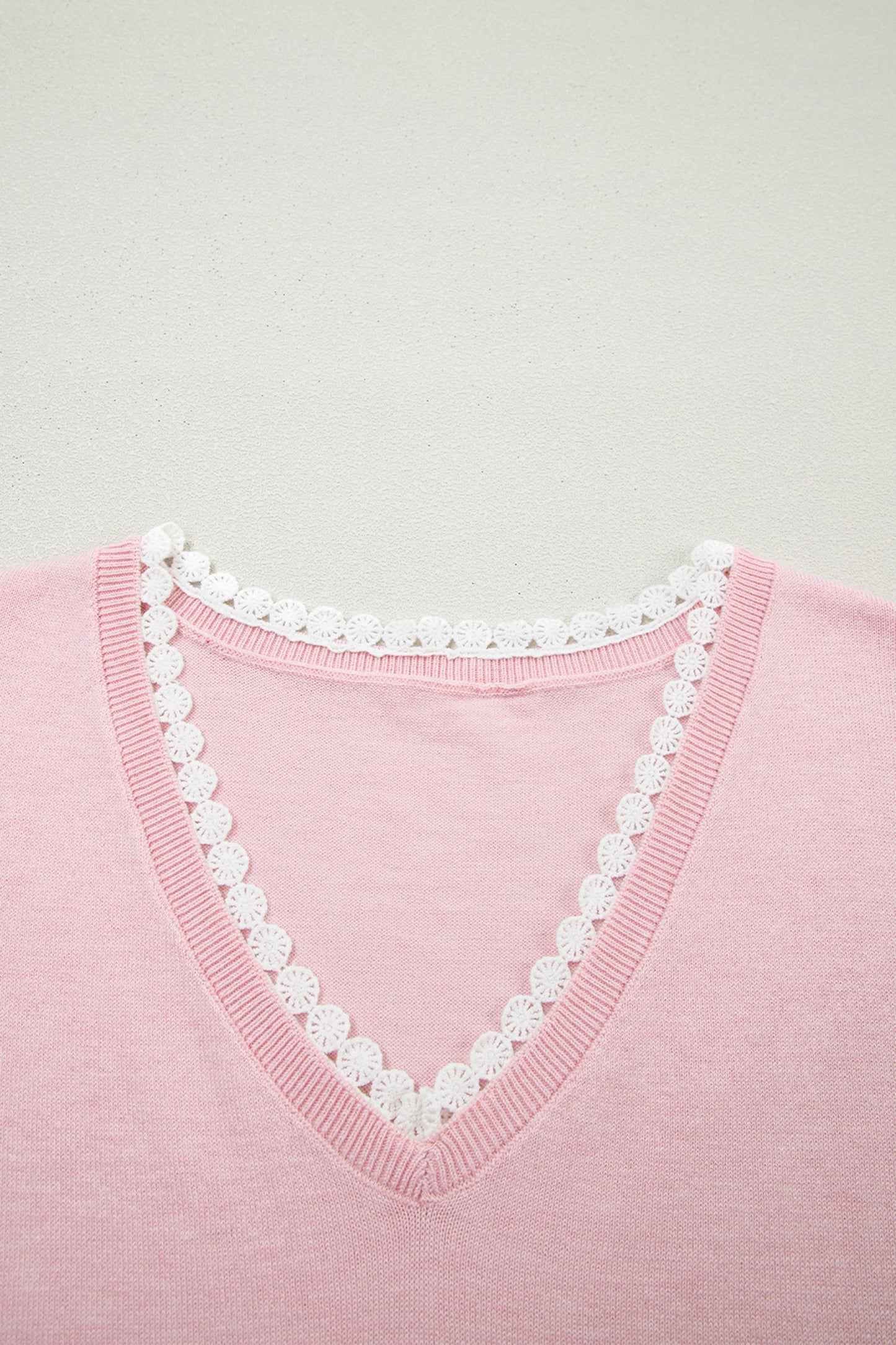 Strawberry Pink Lacy V Neckline Short Sleeve Sweater Wild and Free Boutique