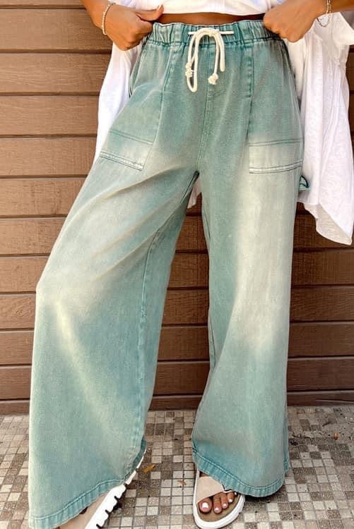 Wash Drawstring Wide Leg Jeans