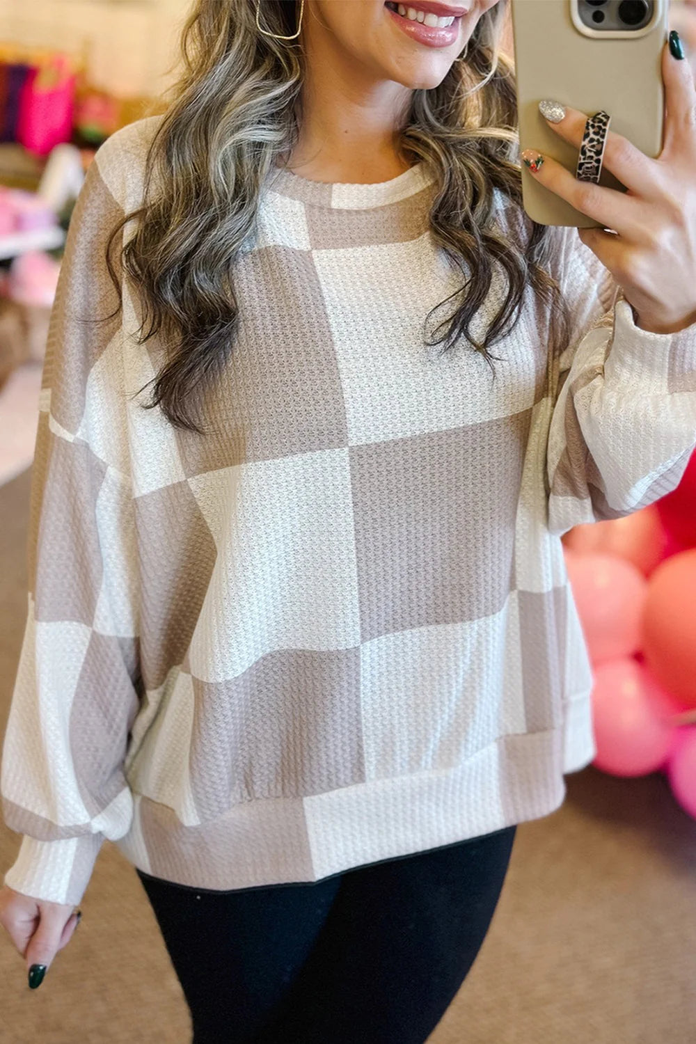 CLOUD NINE KHAKI CHECK LONG SLEEVE TOP **SHIPPING EXPECTED TO BEGIN ON DATE 10/22**