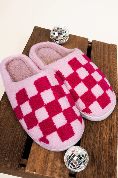 Pink Tonal Check Plush Slippers