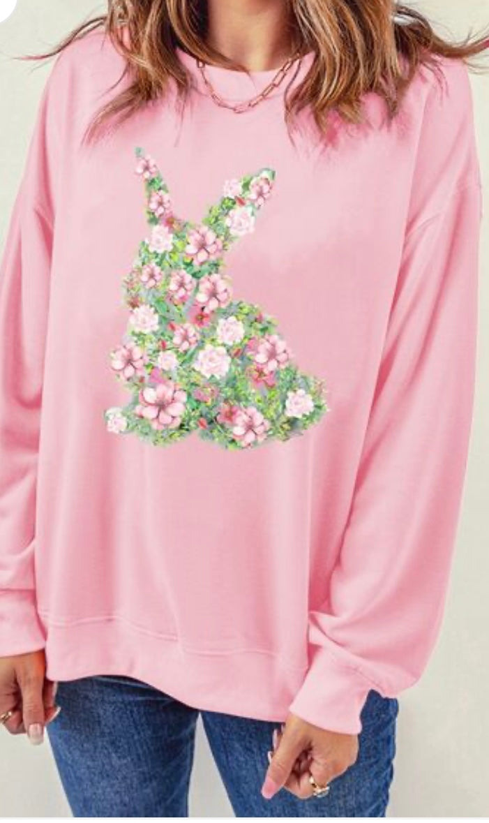 Floral Bunny Round Neck Long Sleeve Sweatshirt