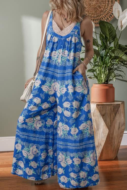 Blue Floral Wide Leg Sleeveless Jumpsuit
