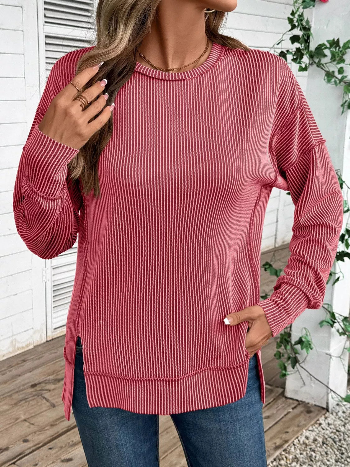 Side Slit Round Neck Sweatshirt