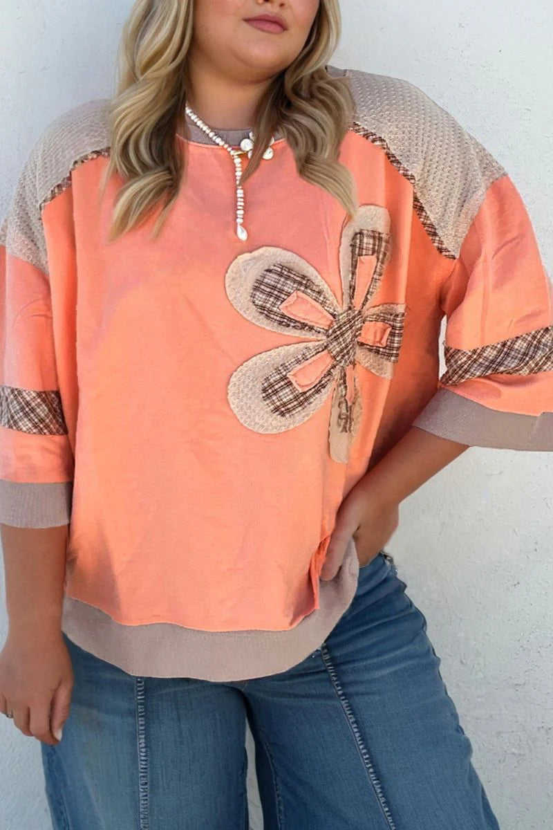 AUTUMN BLOOM GRAPEFRUIT ORANGE PATCHWORK TOP PLUS SIZE. **SHIPPING EXPECTED TO BEGIN ON DATE 10/29**
