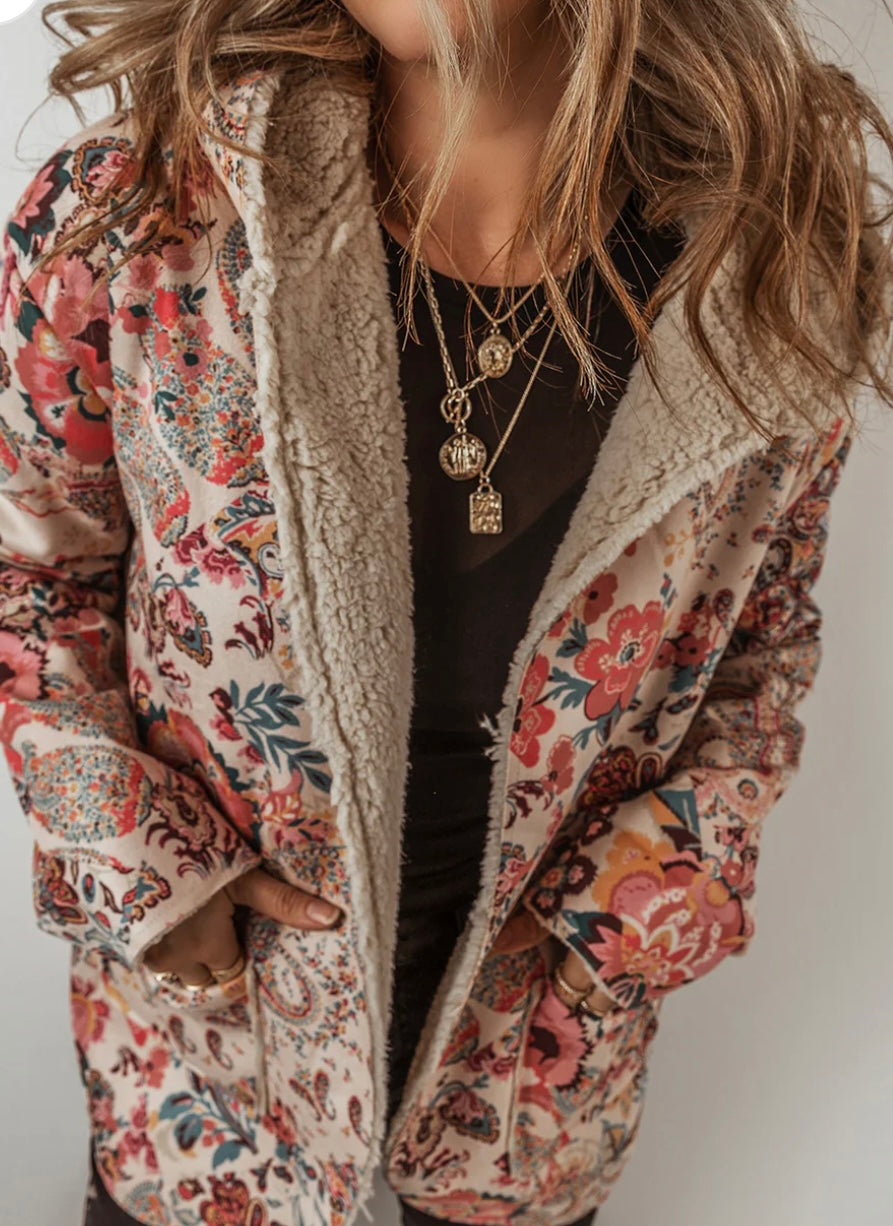 Paisley Floral Sherpa Lined Hooded Jacket