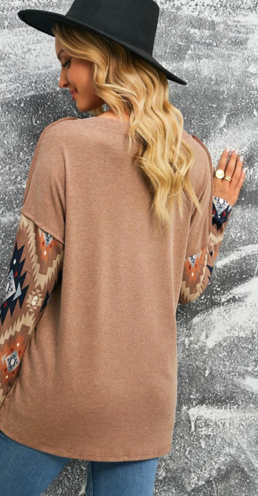 Brown Western Print Buttoned V Neck Top