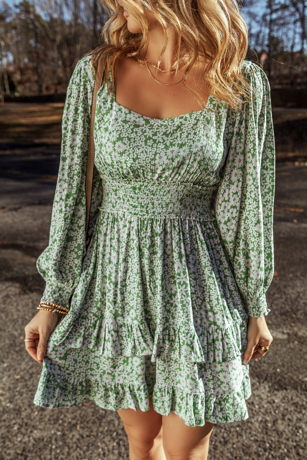 Green Floral Print Square Neck Smocked Waist Tiered Ruffle Mini Dress Wild and Free Boutique