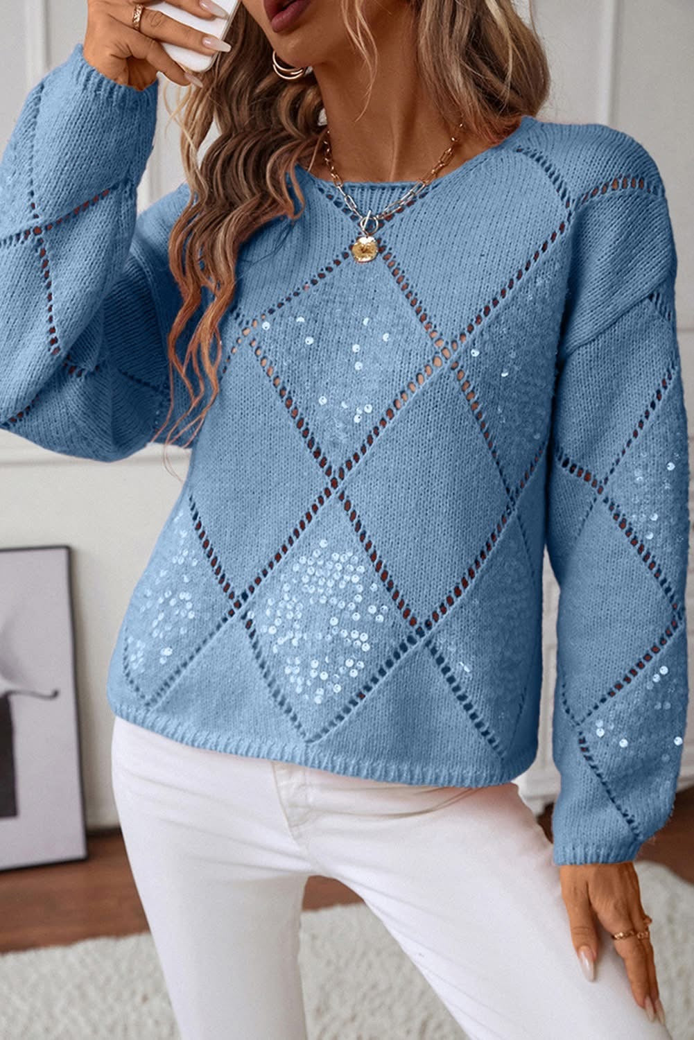 Hollowed Rhombus Pattern Sequin Sweater
