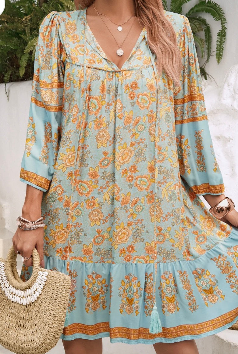 Devine Tassel Floral Tie Neck Mini Dress