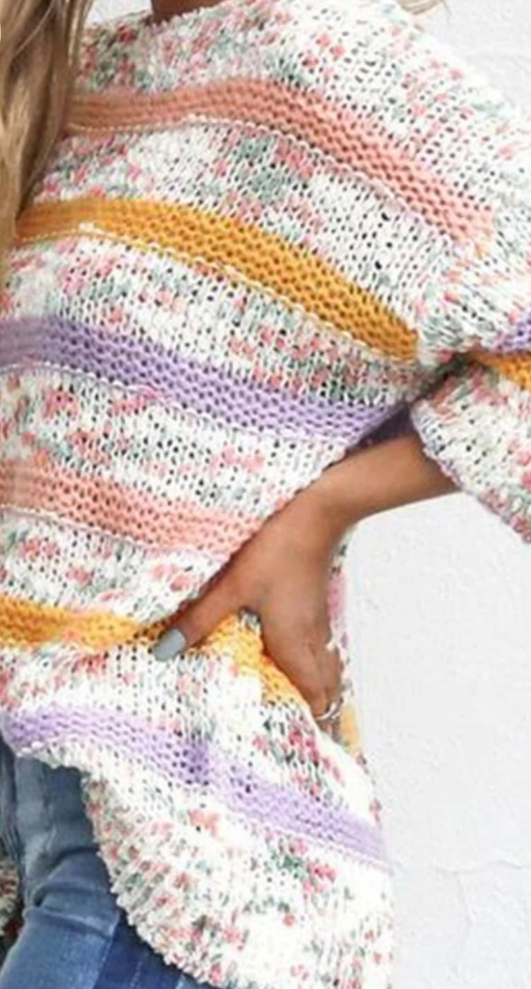 Contrast Stripes Round Neck Long Sleeve Sweater
