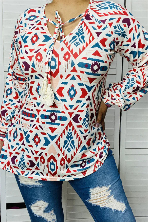 Western Aztec Print Longsleeves Blouse