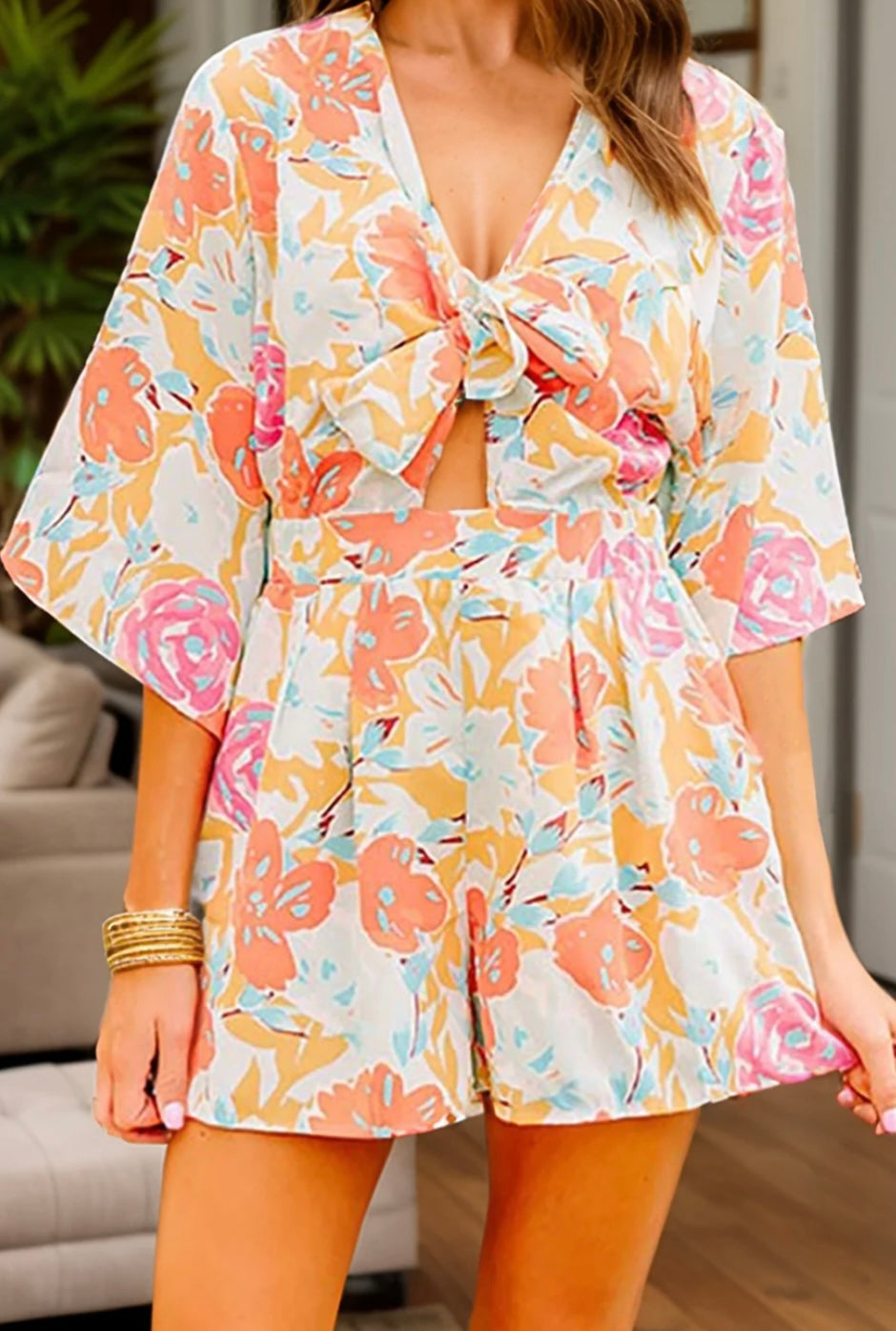 Tied Printed Half Sleeve Romper